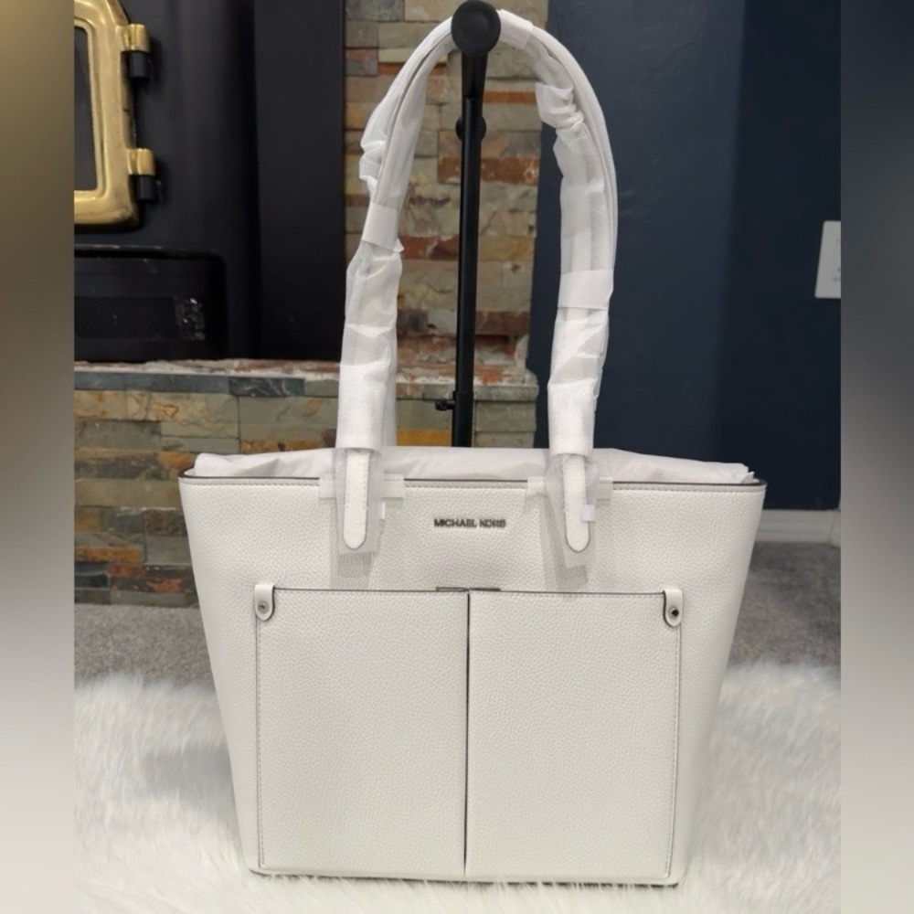 Michael Kors Jet Set Travel Optic White Double Pocket Medium Tote Bag NWT